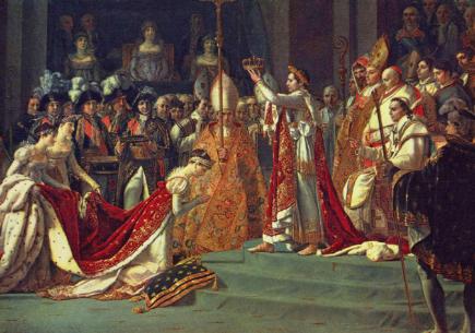 Josephine kneells before Napoleon at his coronation at Notre Dame